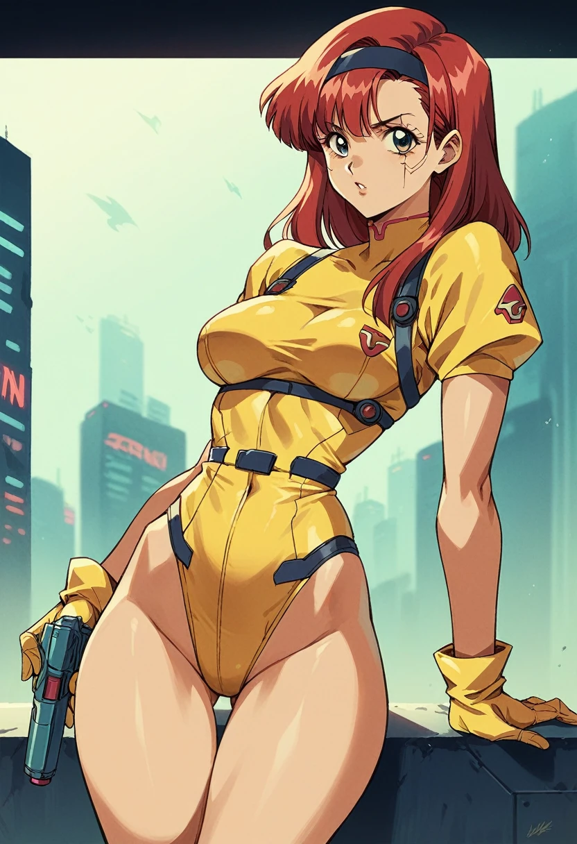 Kei from The Dirty Pair, , wearing a tight yellow outfit, frame, legs, medium breast, red hair beauty, cyberpunk city background, holding retro space-gun, headband, slim waist, slim thighs, thigh gap