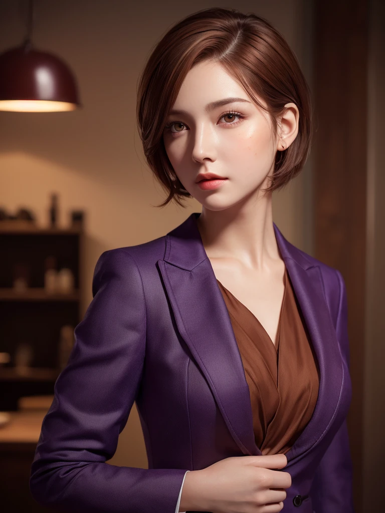 masterpiece, high quality,Dramatic lighting, One Woman, (Detailed face, Realistic skin texture, red cheeks:1.3), Short brown hair, Purple eyes, suit, lean forward