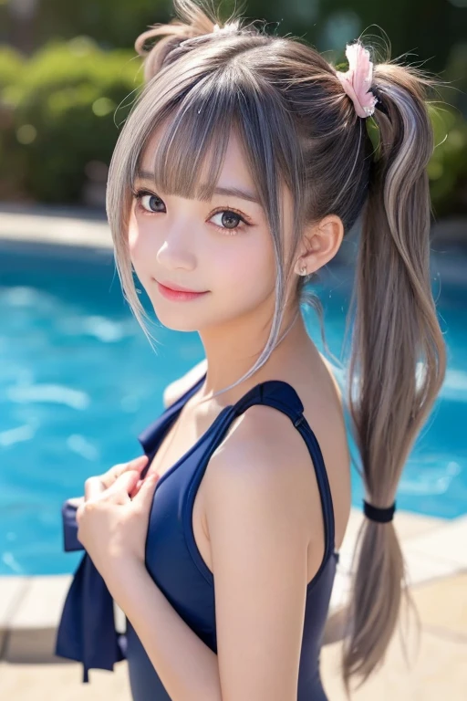 (Silver Hair))、((short hair))、Fox Ears、(())、、Very detailedな顔、Pay attention to the details、double eyelid、Beautiful thin nose、Sharp focus:1.2(Highest quality, masterpiece:1.2), Ultra-high resolution、One person、stand.Japanese genius、Pool Class、Teen、Puberty、(Nachool Swimsuit)、 Something is wrong、, Very detailed, Realistic, P金traiture, Bright col金s, Fine sentences、Wavy Hair、Black Hair、bangs、One is a ponytail、Or pigtails、Hair accessories such as ribbons、Nogizaka Idol、A little blush、Beautiful and kind eyes、Strong smile。、Proactively、'you'、the body is slim、Bust A cup、Powerful and sexy images。Baby Face、relax、Victory smile 、、Non-NSFW images、Her parents are watching off-camera.......。Everyone is safe......。、(Full body image)