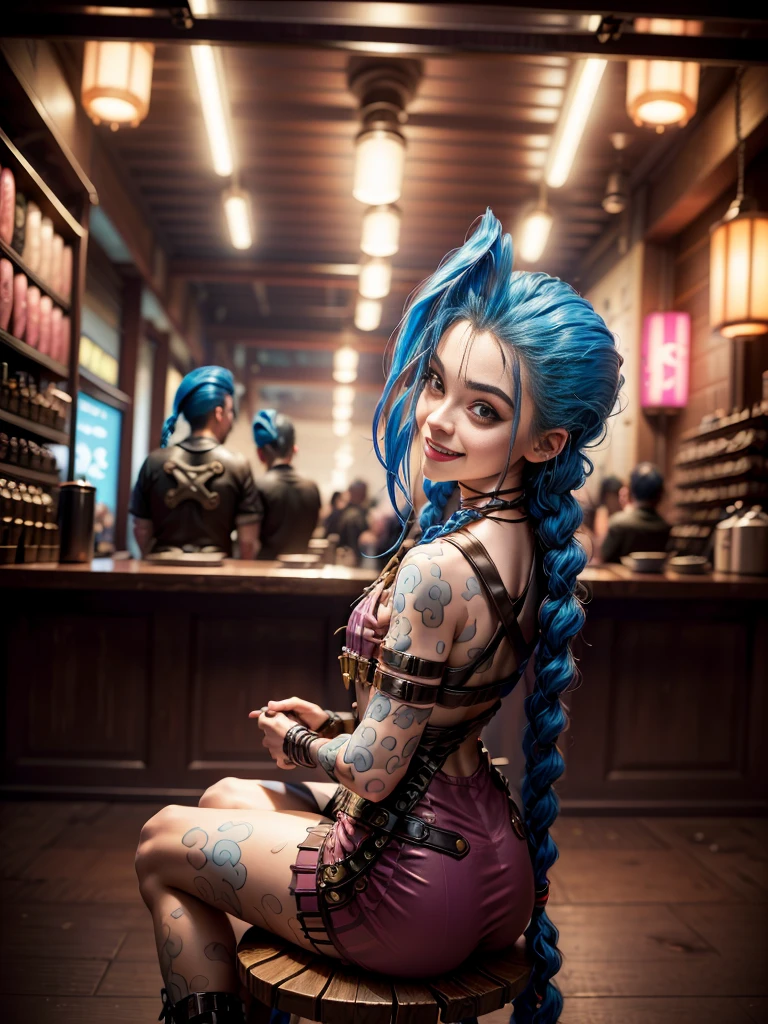 ((Jinx wears a Harajuku Tech costume), Cowboy-shot, wind, tousled hair, (Aesthetics and atmosphere:1.2),smiling, Laugh, from the back, sitting on stool