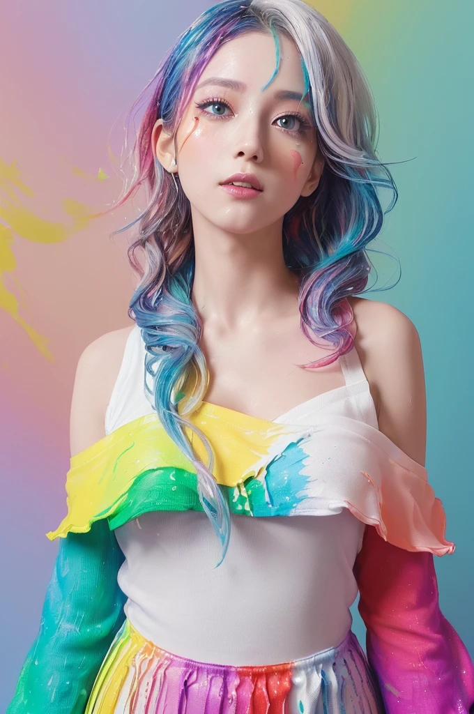 （Pink Fashion T-shirt：1.9），(Colorful hair: 1.8), (all the colours of the rainbow: 1.8),(((((vertical painting：1.6))), （painting：1.6），front, comics, illustrations, paintings, large eyes, crystal clear eyes,（ rainbow color gradient high ponytail：1.7）, exquisite makeup, closed mouth,(Small Fresh: 1.5),(Wipe Chest: 1.6) ，long eyelashes, white off shoulder T-shirt, White Shoulder Shirt，looking at the audience, large watery eyes, (rainbow colored hair：1.6), color splash, （solo：1.8）, color splash, color explosion, thick paint style, messy lines, ((shining))，(colorful), (colorful), (colorful), colorful, Thick Paint Style, (Splash) (Color Splash), Vertical Painting, Upper Body, Paint Splash, Acrylic Pigment, Gradient, Paint, Highest Image Quality, Highest Quality, Masterpiece, Solo, Depth of Field, Face Paint, colorful clothes, (Elegant: 1.2), gorgeous,long hair, wind, (Elegant: 1.3), (Petals: 1.4)，(((masterpiece))),(((best quality))),((ultra-detailed)),(illustration),(dynamic angle),((floating)),(paint),((disheveled hair)),(solo),(1girl) , (((detailed anima face))),((beautiful detailed face)),collar,bare shoulders,white hair, ((colorful hair)),((streaked hair)),beautiful detailed eyes,(Gradient color eyes),(((colorful eyes))),(((colorful background))),(((high saturation))),