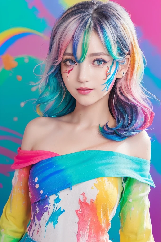 (Pink Fashion T-Shirt:1.9),(colorfulな髪: 1.8), (All the colors of the rainbow: 1.8),(((((vertical painting:1.6))), (painting:1.6),front, comics, shapes, paintings, Big eyes, Clear Eyes,( Rainbow gradient high ponytail:1.7), Exquisite makeup, Mouth closed,(Small fresh: 1.5),(Wipe the chest: 1.6) ,Long eyelashes, off shoulder white t-shirt, White shoulder shirt,Looking at the audience, Big teary eyes, (Rainbow Hair:1.6), カラーsplash, (alone:1.8), カラーsplash, explosion of colors, thick paint style, Messy Lines, ((The Shining)),(colorful), (colorful), (colorful), colorful, Thick paint Style, (splash) (Color splash), Vertical painting, Upper Body, paint splash, Acrylic Pigments, slope, paint, Best image quality, Highest quality, masterpiece, alone, Written boundary depth, Face paint, colorful clothes, (elegant: 1.2), Nice,Long Hair, Wind, (elegant: 1.3), (petal: 1.4),(((masterpiece))),(((Highest quality))),((Very detailed)),(shape),(Dynamic Angle),((floating)),(paint),((Disheveled Hair)),(alone),(One Girl) , (((Detailed anima face))),((Beautifully detailed face)),collar,Exposing shoulders,Gray Hair, ((colorful hair)),((Striped Hair)),Beautiful attention to detail,(slope color eyes),(((colorful eyes))),(((colorful background))),(((High chroma))),(((surrounded by colorful splashes))), Large Breasts, smiling,