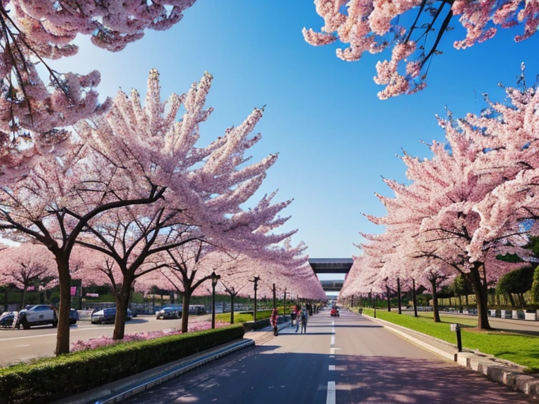 This city consists of soft blue and pink tones. The city is very beautiful and affectionate... Large beautiful modern buildings. Sakura trees. People are walking, and cars drive on the highway. The city looks very nice, attractive and very gentle