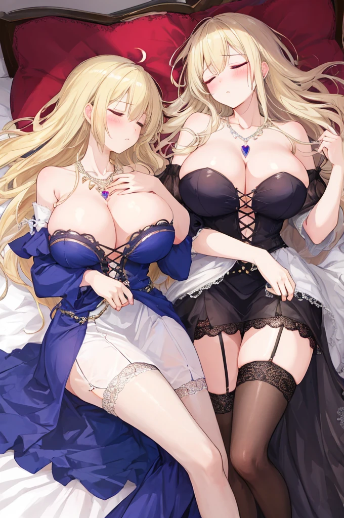 (A woman with big tits),Attractive woman,Light blond long hair,clavicle,Gemstone Necklace,Off-shoulder nightdress,short dress,Lace,Garter stockings,Heart,Intricate details,Beautifully,Charm,Lying in bed,(blush),Sleepy,Sleepy and hazy,