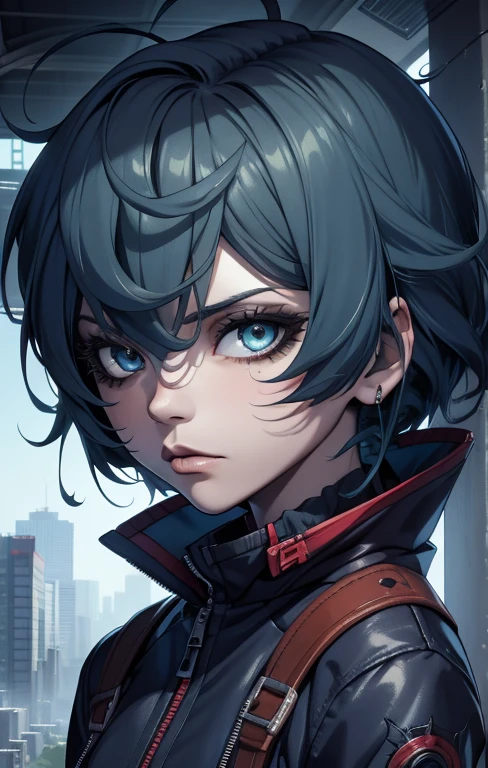 first work,Detailed,High resolutions:1.4) , Model photo, to close, Detailed face, Fine, detailed eyes,, (Kirishima Touka),medium blue hair,ojo ghoul,retro jacket,Tokyo Ghoul,retrofuturistic background, vibrant colors, HdR,, ,