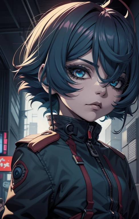 first work,Detailed,High resolutions:1.4) , Model photo, to close, Detailed face, Fine, detailed eyes,, (Kirishima Touka),medium blue hair,ojo ghoul,retro jacket,Tokyo Ghoul,retrofuturistic background, vibrant colors, HdR,, ,