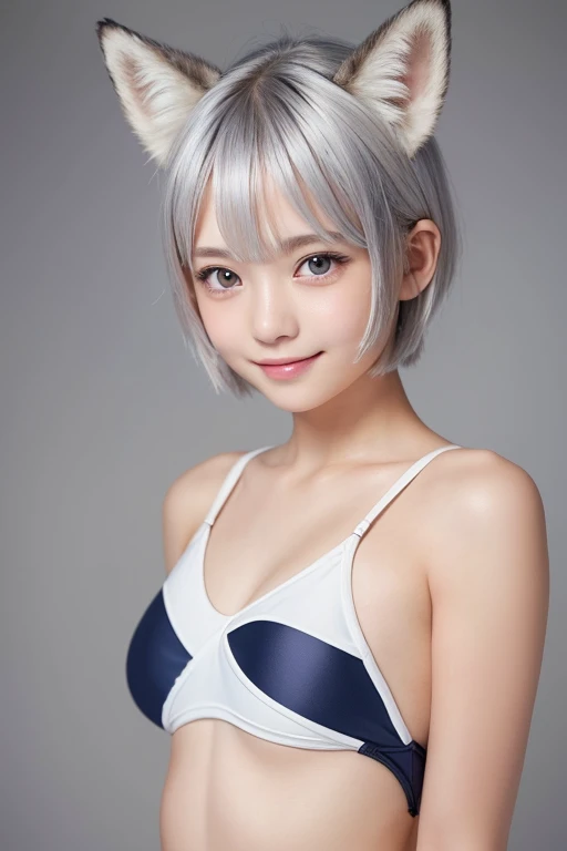 (Silver Hair))、((short hair))、Fox Ears、((15-year-old girl))、、Very detailedな顔、Pay attention to the details、double eyelid、Beautiful thin nose、Sharp focus:1.2(Highest quality, masterpiece:1.2), Ultra-high resolution、One person、stand.Japanese genius、Pool Class、Teen、Puberty、(Navy School Swimsuit)、 Something is wrong、, Very detailed, Realistic, P金traiture, Bright col金s, Fine sentences、A little blush、Beautiful and kind eyes、Strong smile。、Proactively、'you'、the body is slim、Bust A cup、Powerful and sexy images。Baby Face、relax、Victory smile 、、NSFW Images、Her parents are watching off-camera.......。Everyone is safe......。、(Full body image)