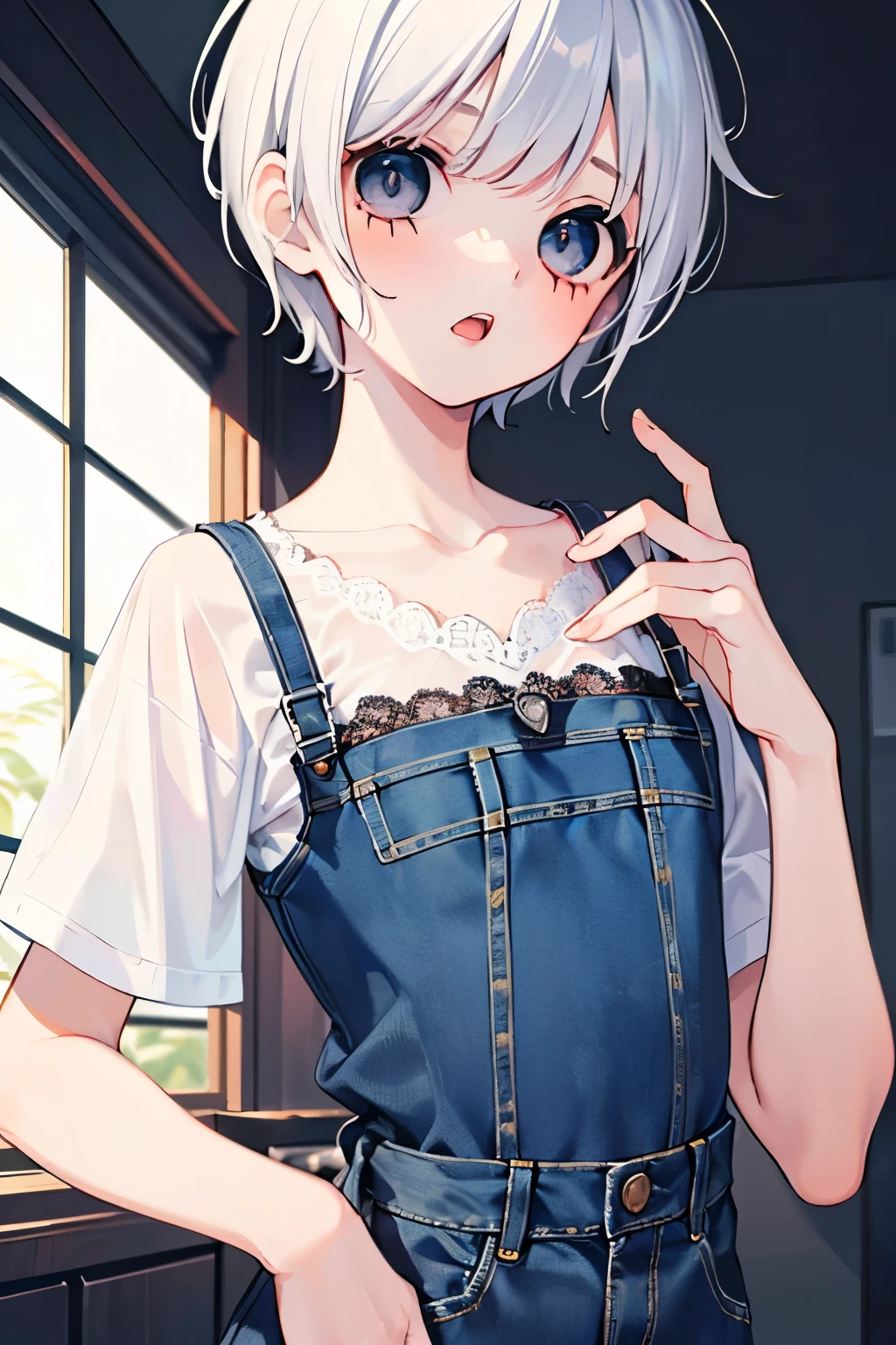 (1boy:1.3),(short hair:1.3),((独奏:1.25)),(Small breasts,Flat chested:1.0),(black and white hair:1.2),(medium hair:1.1),(twilight eyes:1.2),((denim and lace,botanical pattern dress:1.2)),short sleeve,short hem clothes,open your mouth,kiss face,((deep-throating:1.1))Close-up of face,