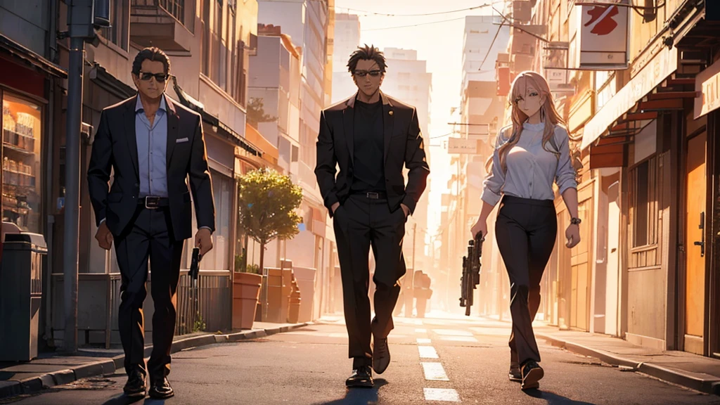 Anime style：A middle-aged entrepreneur，Walking in the street；The bodyguard next to the entrepreneur stretched out his left hand to stop the entrepreneur.，Look straight ahead，Cautious look；There was a killer in front of them with a gun pointed at them.