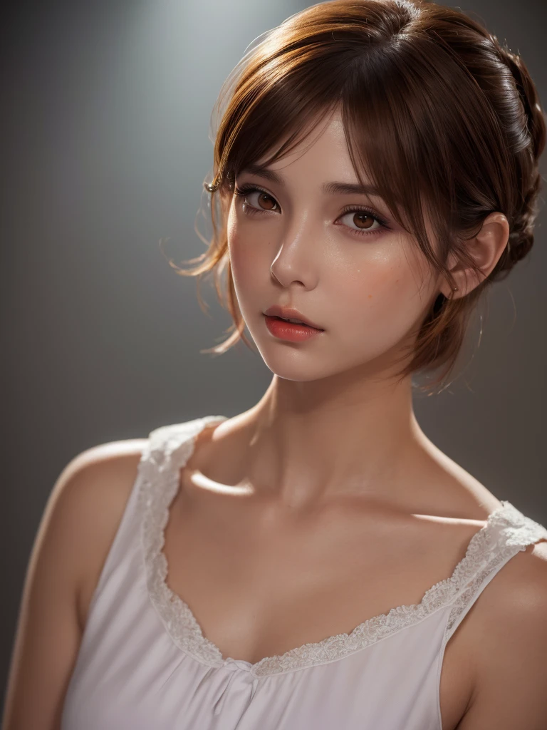 masterpiece, high quality,(Dramatic lighting, Spotlight:1.2), One Woman, (Detailed face, Realistic skin texture, red cheeks:1.3), Short brown hair, Purple eyes, maid, lean forward