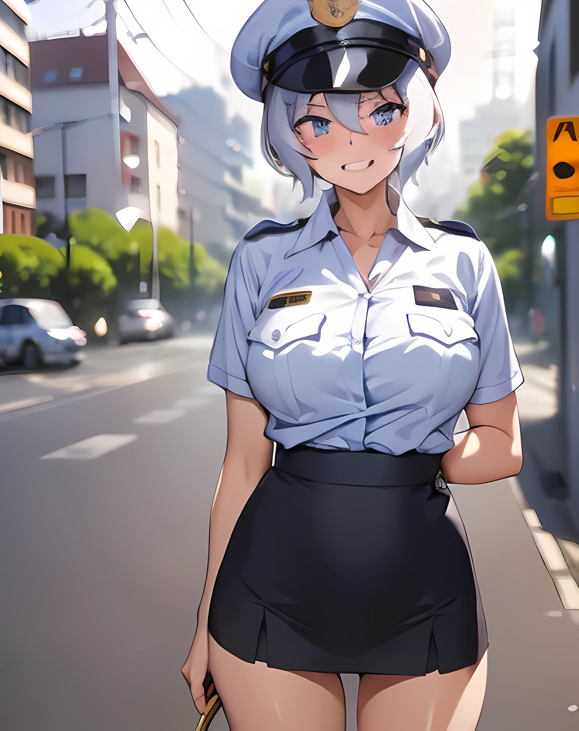 (masterpiece:1.2, Highest quality), (Realistic, photoRealistic:1.4),Beautiful illustrations,(Natural Side Lighting, Cinema Lighting),1 female,Japanese,Mature Woman,Ahegao,Female police officer on patrol,28 years old,Perfect Face, Symmetrical face, Glowing Skin,Silver Hair,Big eyes,Sexy Eyes,(smile),(whole body),break((Police Officer Shirt)),((Tight mini skirt))(Police hat),(The background is a street corner:1.5),(((Background Blur:1.5))),((Police uniform)),(((Standing posture)))