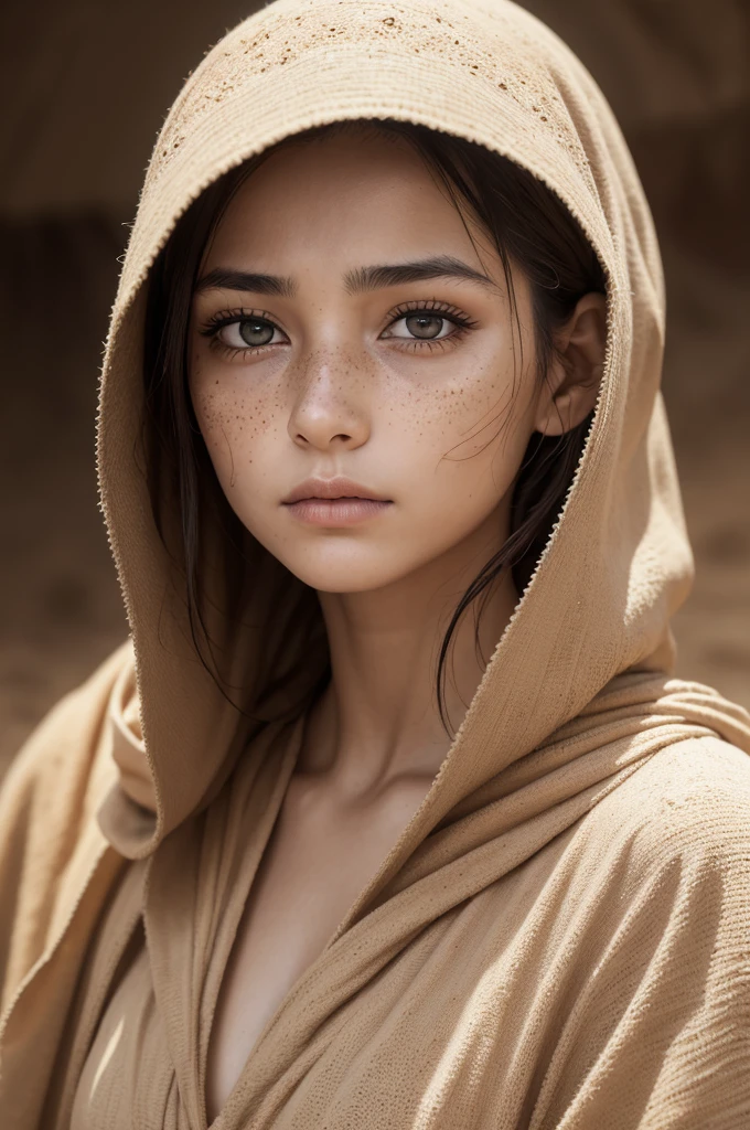 (raw photograph, masterpiece, uhd, 8k, shallow depth of field, colour graded, cold colours, low contrast, shallow black colour, narrow angle, rule of thirds), a dynamic portrait of one Bulgarian woman in desert clothes during a sandstorm, long shabby hair, (freckles, natural skin), defined facial features, desert background, dusty atmosphere, intricate clothing details, complex character, authentic facial expression evoking emotions, deep gaze, detailed eyes