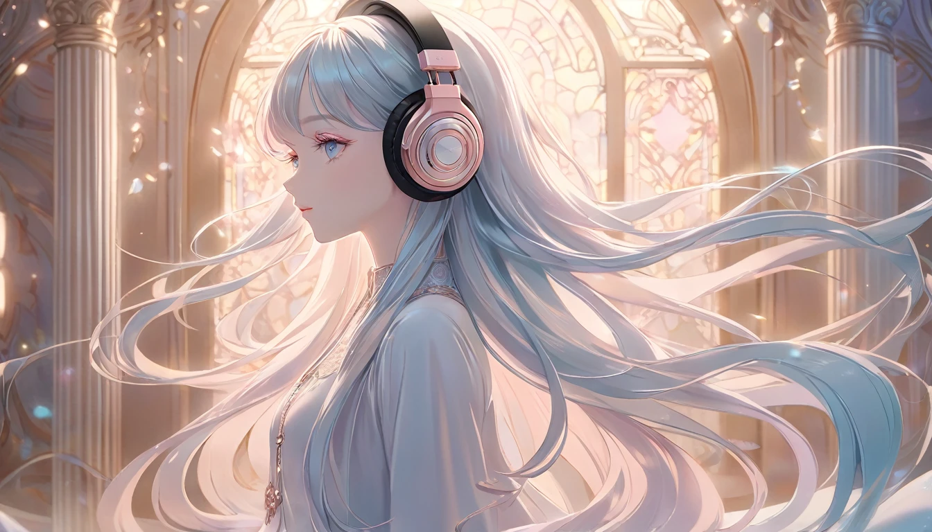 a beautiful young girl wearing headphones, listening to music, full body shot from a distance, anime style, intricate details, delicate facial features, long eyelashes, porcelain skin, flowing hair, elegant posture, serene expression, soft lighting, pastel color palette, dreamlike atmosphere, photorealistic, 8k, masterpiece