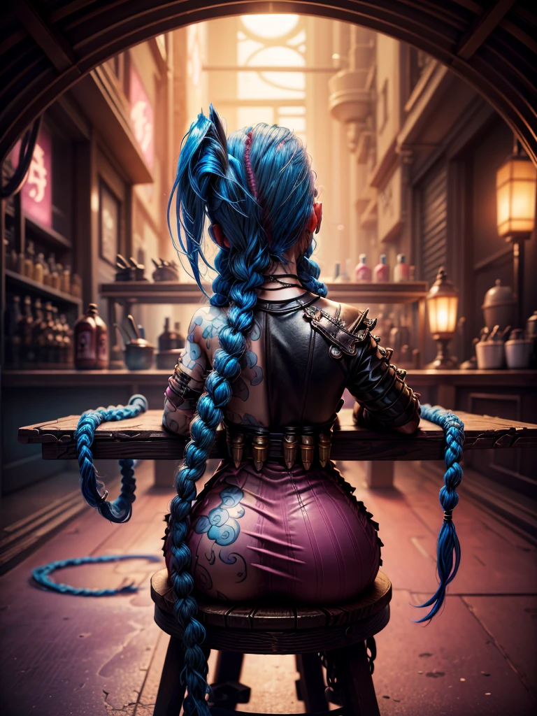 ((Jinx wears a Harajuku Tech costume), Cowboy-shot, tousled hair, (Aesthetics and atmosphere:1.2), from the back, sitting on stool,