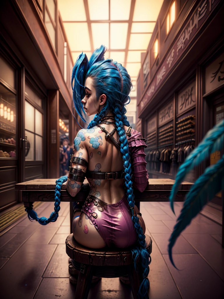 ((Jinx wears a Harajuku Tech costume), Cowboy-shot, tousled hair, (Aesthetics and atmosphere:1.2), from the back, sitting on stool,