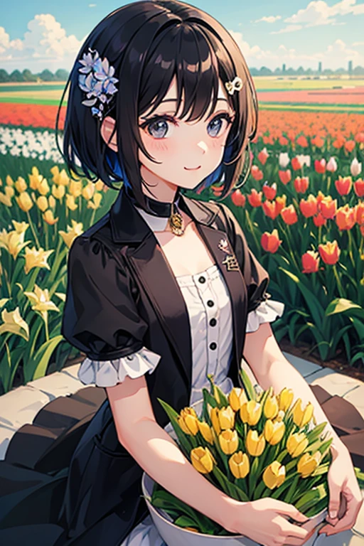 Highest quality、Black Hair、Iris、short hair、girl、cute、、、Small hair ornament、1 person、cuteワンピース、Tulip fields behind、A happy look、