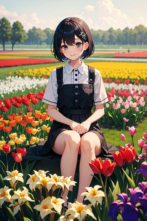 Highest quality、Black Hair、Iris、short hair、girl、cute、16 years old、、Small hair ornament、1 person、cuteワンピース、Tulip fields behind、A happy look、