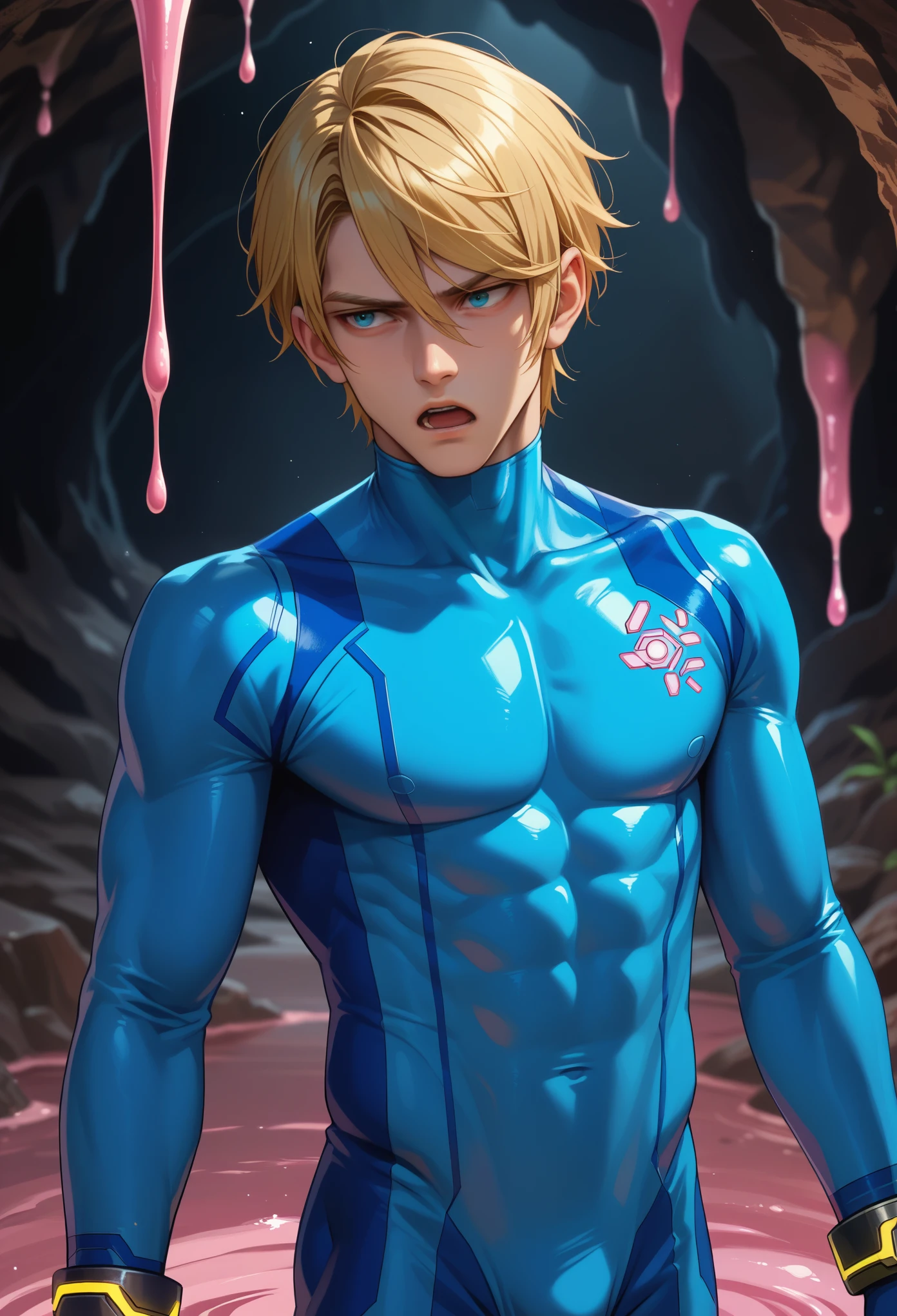 score_9, score_8_up, score_7_up, 1boy, solo, (male:1.5), male focus, male body, defSamus, blonde hair, short hair, bodysuit, blue clothes, blue pants, blue gloves, confused face,hyperventilating, open mouth,  standing, looking around, dark cave, pink liquid,liquid on all over the walls