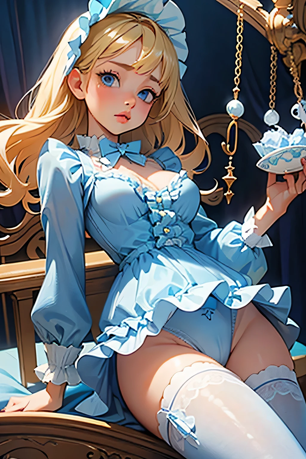 Cute girl with blonde hair and blue eyes, with big lips, small breasts and wide hips, wearing a frilly blue baby bonnet and frilly blue onesie, wearing a frilly white diaper and stockings, in a crib, pouting