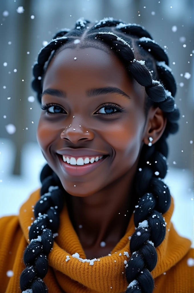 Close up shot of happy beautiful African woman with well made make up on, her hair braided and creating the word "HAPPINESS The word "HAPPINESS" is an extension of her hair. A really beautiful image showcasing the art of hair braiding. Background in duo colour palette of blue and white, snow falling in scene, 32k high definition and high resolution images, unreal engine 5 rendered. Hyper-realistic images with high detailed features providing a viewer with a clear high definition well created masterpiece of art.