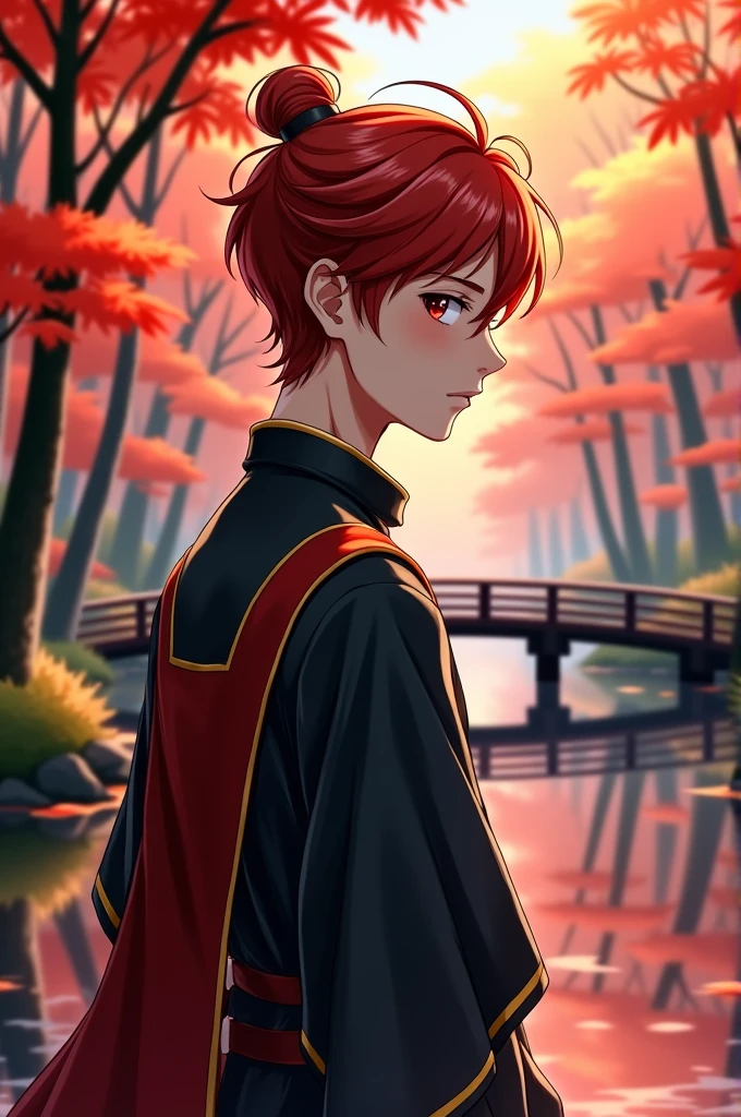 ((masterpiece, best quality)), Extremely detailed, Official Art, Unity 8k wallpaper, Official clothing, Young handsome man, Solitary, Perfect face, Glowing skin, Shining Student, Red hairpin, daytime, The background is a fiery red maple forest, Maple Leaf, riverside, Wooden bridge, aesthetic, (superior_Body)