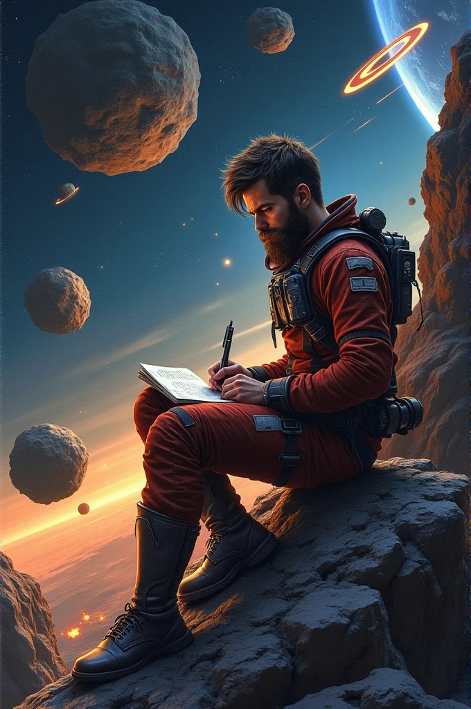 Drawing of a young programmer, Sitting on a research platform floating in the middle of the asteroid belt. He is studying with a notebook., Surrounded by several asteroids emitting fiery rings. Dramatic lighting from distant stars and planets illuminates the scene, Casting a deep shadow on the suit. The young man looks confident and determined., Look at the vast and mysterious universe with wonder and awe,beard, Cowboy shooting,