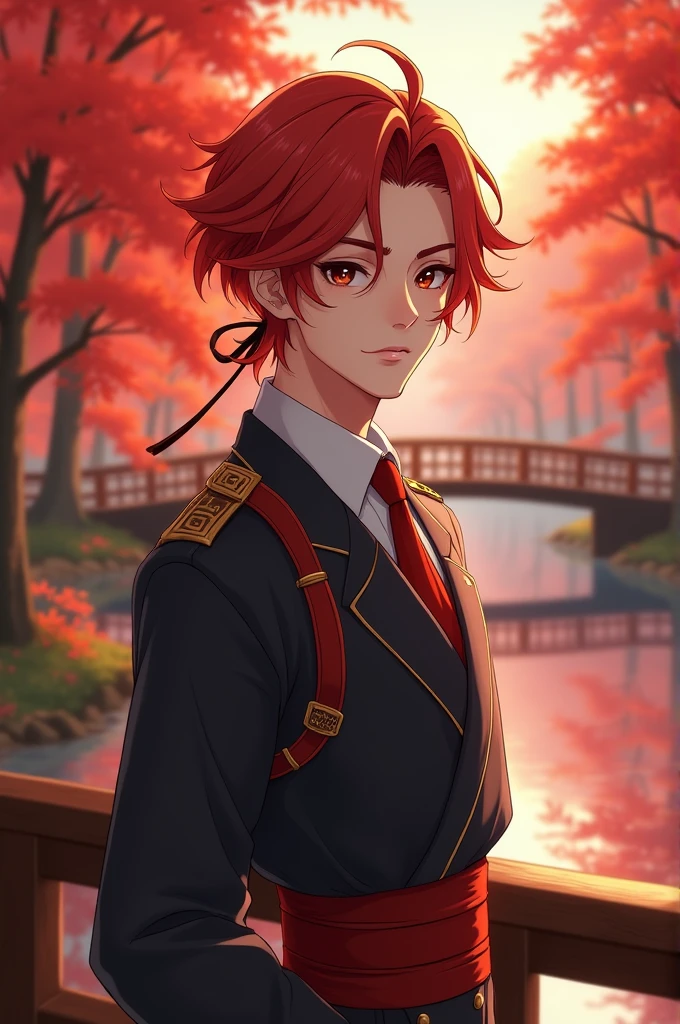 ((masterpiece, best quality)), Extremely detailed, Official Art, Unity 8k wallpaper, Official clothing, Young handsome man, Solitary, Perfect face, Glowing skin, Shining Student, Red hairpin, daytime, The background is a fiery red maple forest, Maple Leaf, riverside, Wooden bridge, aesthetic, (superior_Body)