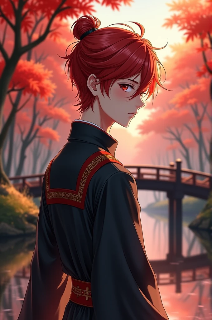 ((masterpiece, best quality)), Extremely detailed, Official Art, Unity 8k wallpaper, Official clothing, Young handsome man, Solitary, Perfect face, Glowing skin, Shining Student, Red hairpin, daytime, The background is a fiery red maple forest, Maple Leaf, riverside, Wooden bridge, aesthetic, (superior_Body)