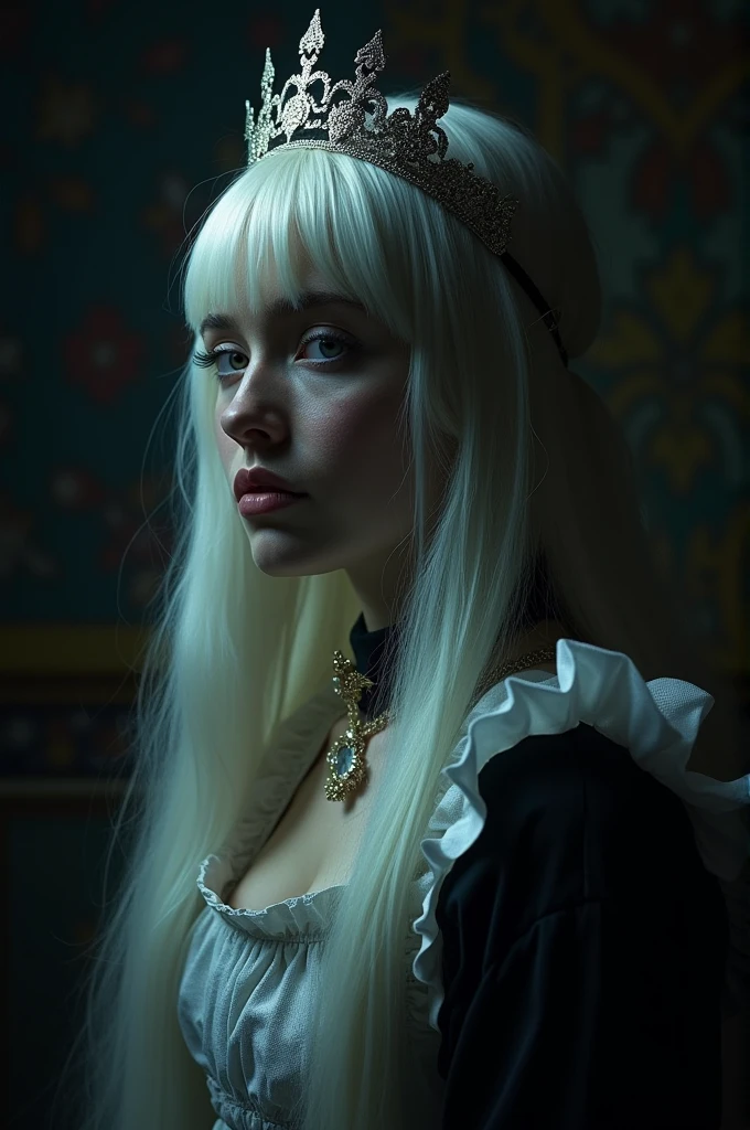 (in the darkness: 1.6), Surrealist Portraits of Women by David Hockney and Alphonse Mucha, Fantasy Art, Photorealism, Dynamic Lighting, Art Station, poster, Volumetric Lighting, Very detailed face, 4K, Awards,, 1 girl, in the darkness, deep shadow, low profile, Cowboy lens, (maid outfit: 1.4), Long hair, White hair, Break, Luxurious Palace, Royal style, Crown on the head,