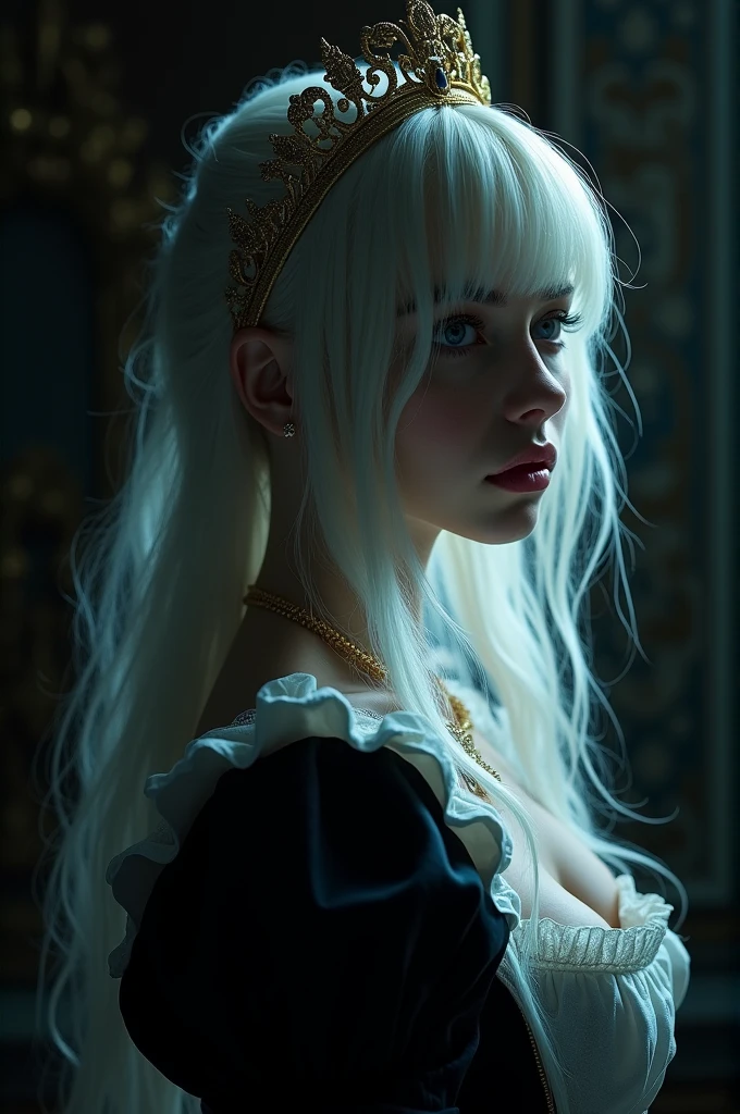 (in the darkness: 1.6), Surrealist Portraits of Women by David Hockney and Alphonse Mucha, Fantasy Art, Photorealism, Dynamic Lighting, Art Station, poster, Volumetric Lighting, Very detailed face, 4K, Awards,, 1 girl, in the darkness, deep shadow, low profile, Cowboy lens, (maid outfit: 1.4), Long hair, White hair, Break, Luxurious Palace, Royal style, Crown on the head,