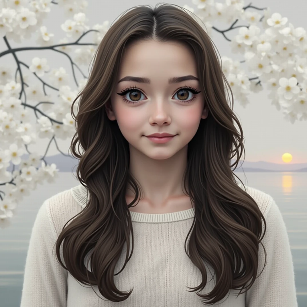Sunset, Cartoon, lake, Cherry tree,1 girl