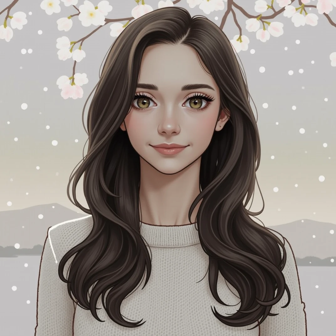 Sunset, Cartoon, lake, Cherry tree,1 girl