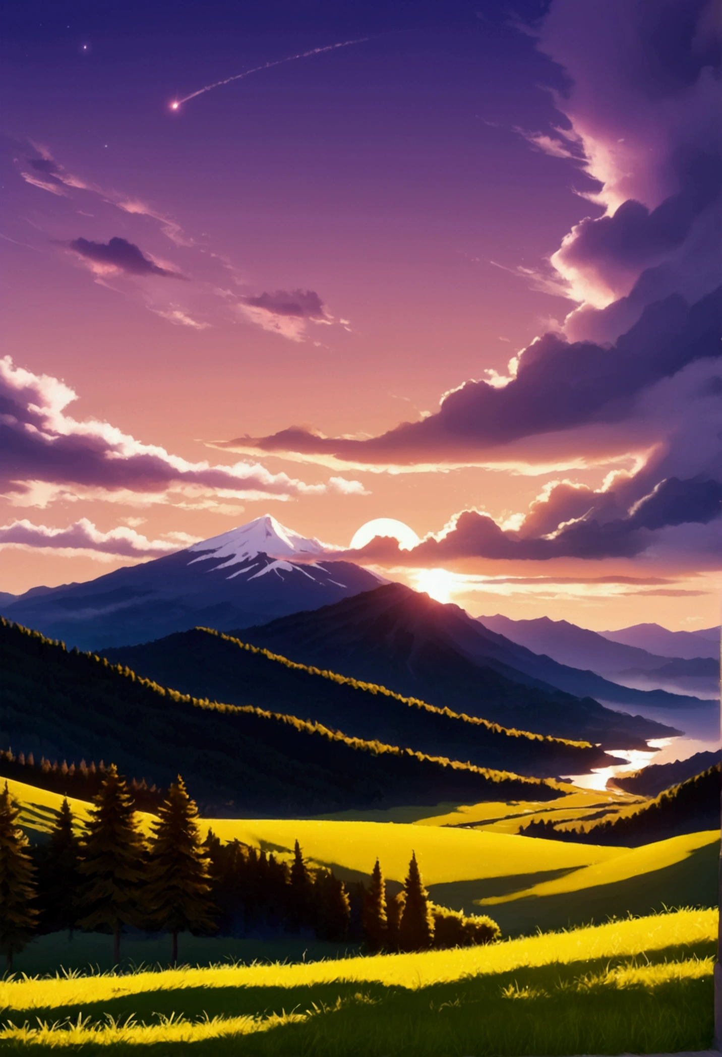 Beautiful scenery in the mountains, Sunset with orange and purple clouds, Fascinating and magical.