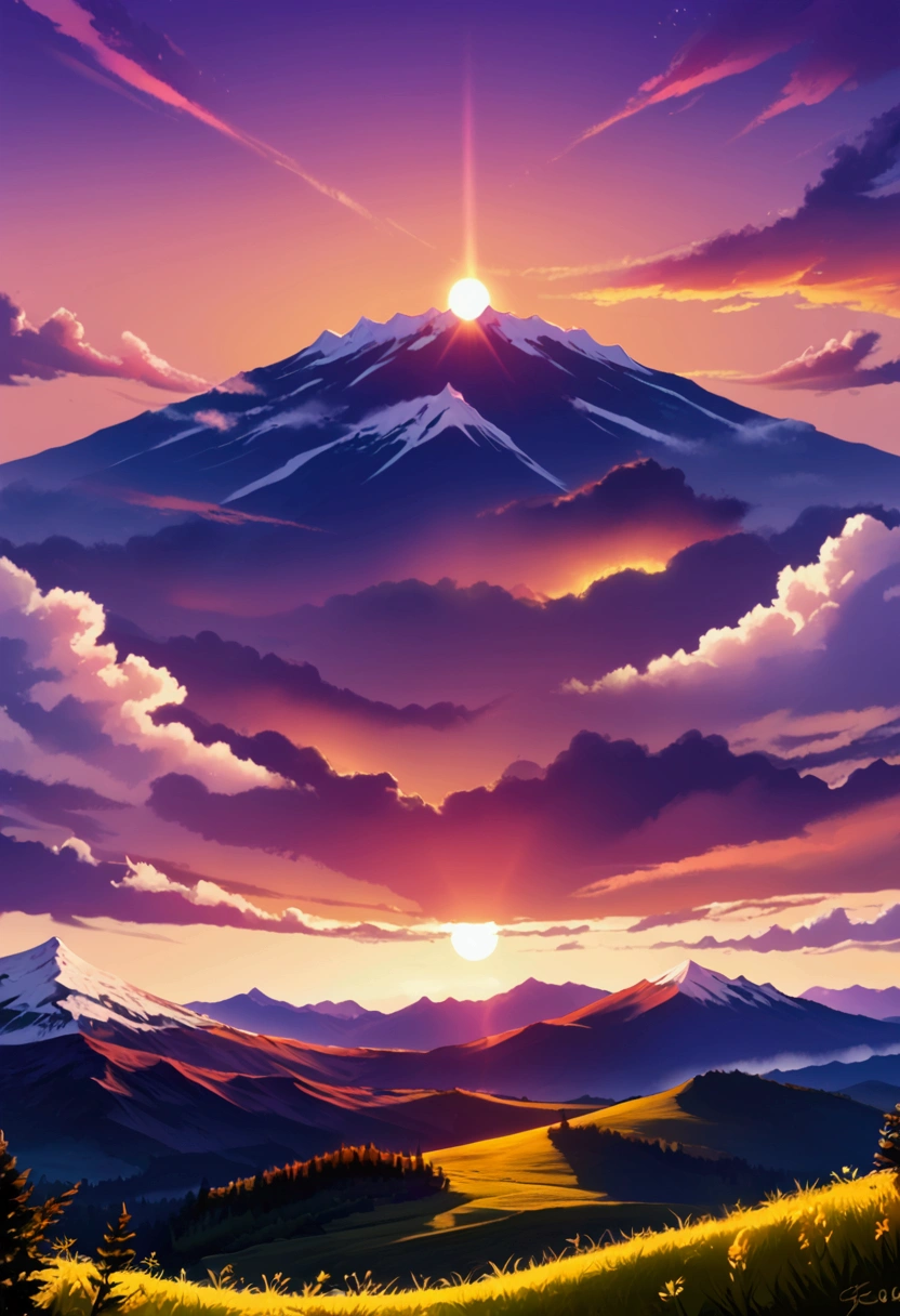 Beautiful scenery in the mountains, Sunset with orange and purple clouds, Fascinating and magical.