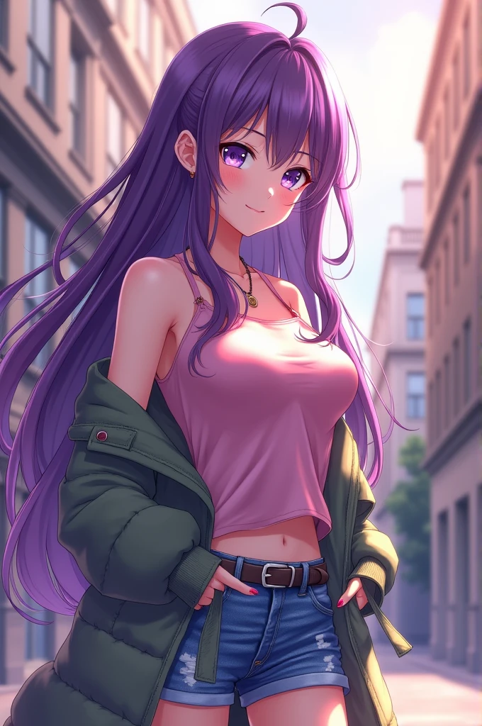 (best quality: 0.8), (best quality: 0.8), Perfect anime illustration, Close-up portrait of a beautiful woman,Walking in the city,Long purple hair,Huge breasts,Blushing eyes (((National Foundation))) 透明白色连衣裙霓虹夜城超级细节超级细节的脸明亮的眼睛星系在眼睛absurd的4k全高清顶部在pixiv超级做得很好红眼下载文件巨大的乳晕直立 (Love Juice 1;4) absurd
