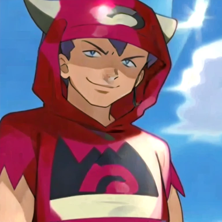 (masterpiece, best quality:1.2,ultra detailed,8k),1boy,solo,Tabitha \(pokemon\),hood,hood up,horns,looking at viewer,black eyes,smile,short sleeve,Team Magma