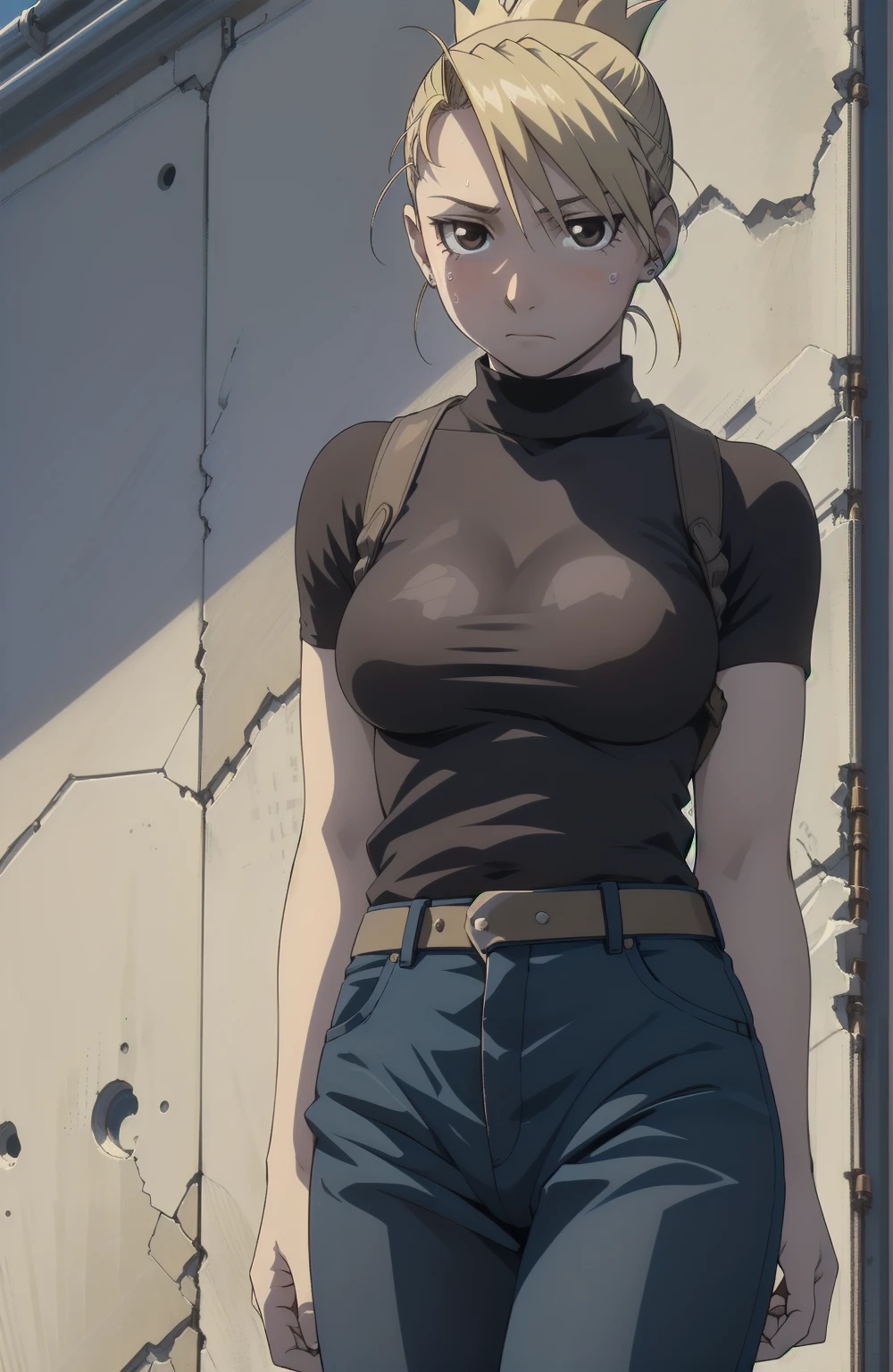 masterpiece, highest quality, High resolution, One Girl, Hamriz, ponytail, Brown eyes,Big Breasts、Brown Inner、Tight shirt, holster, Short sleeve, belt, Covered navel, Blue pants、Shadow、What&#39;s left behind,Outdoor、Upper body close-up、Muscular body、blush、Sweat、Composition from the front、anime、(((Torn clothes、Cover your body with your hands、Exposing one breast、真Composition from the front、Sweat、Embarrassing、blush、Upper body close-up、Close-up of a person、Pussy Line、、audience)))
