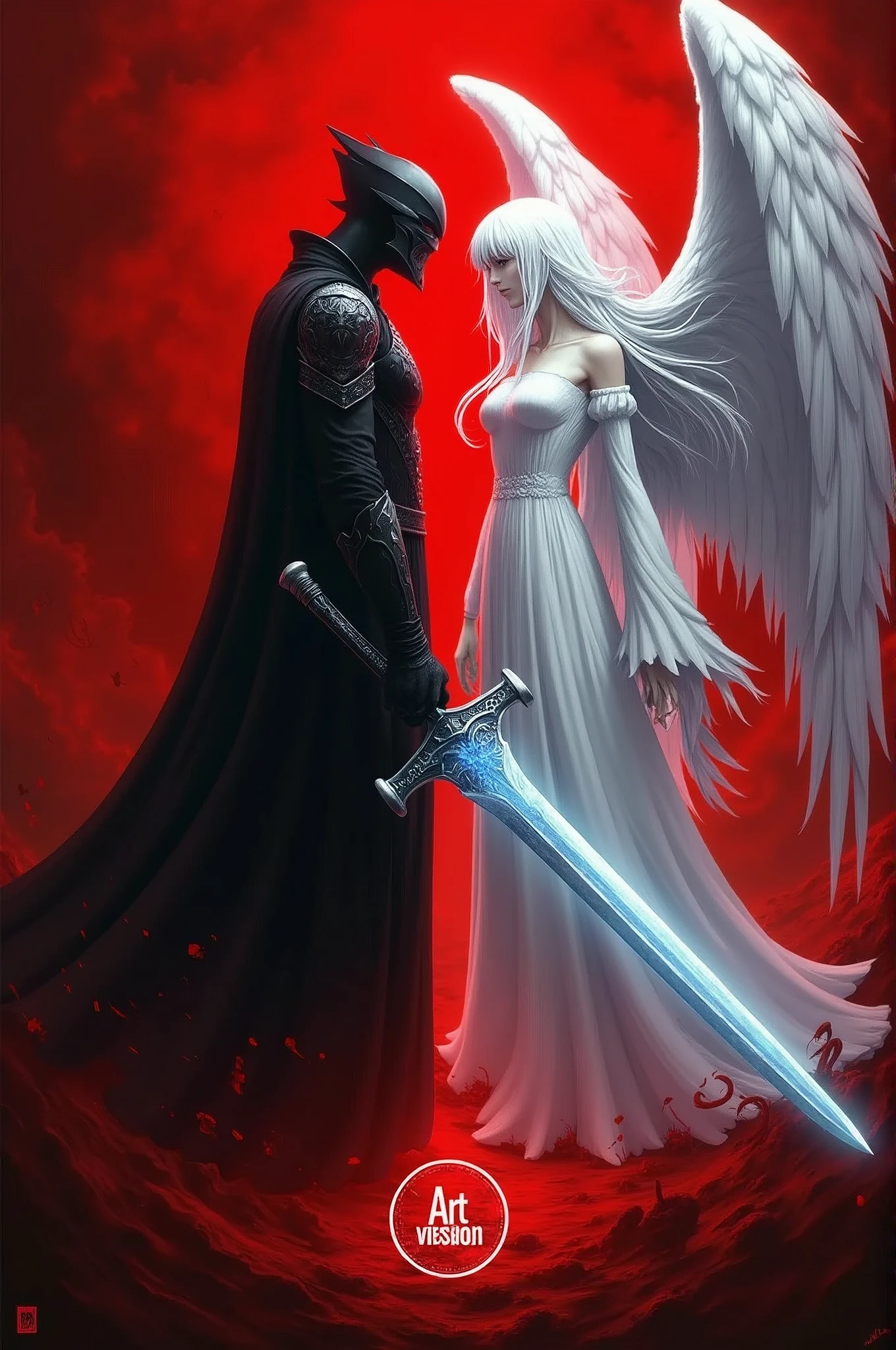 Fantasy-style illustration featuring a dramatic and intense scene. The layout is vertical, with a large, ethereal figure on the right side, draped in flowing white robes and possessing large, detailed wings. The figure has a serene, almost sorrowful expression, with pale skin and long, flowing hair. On the left side, Guts, the Black Swordsman, its massive blade glowing with a faint blue light. His face is partially obscured by his helmet, revealing a determined expression. The background is filled with swirling red mist and indistinct forms, adding to the chaotic and otherworldly atmosphere. The overall color palette is dominated by shades of red and white, creating a stark contrast between the two figures. At the bottom center, a circular logo bears the text 'Artvision1999' in a gothic font, subtly blending into the ominous environment.
