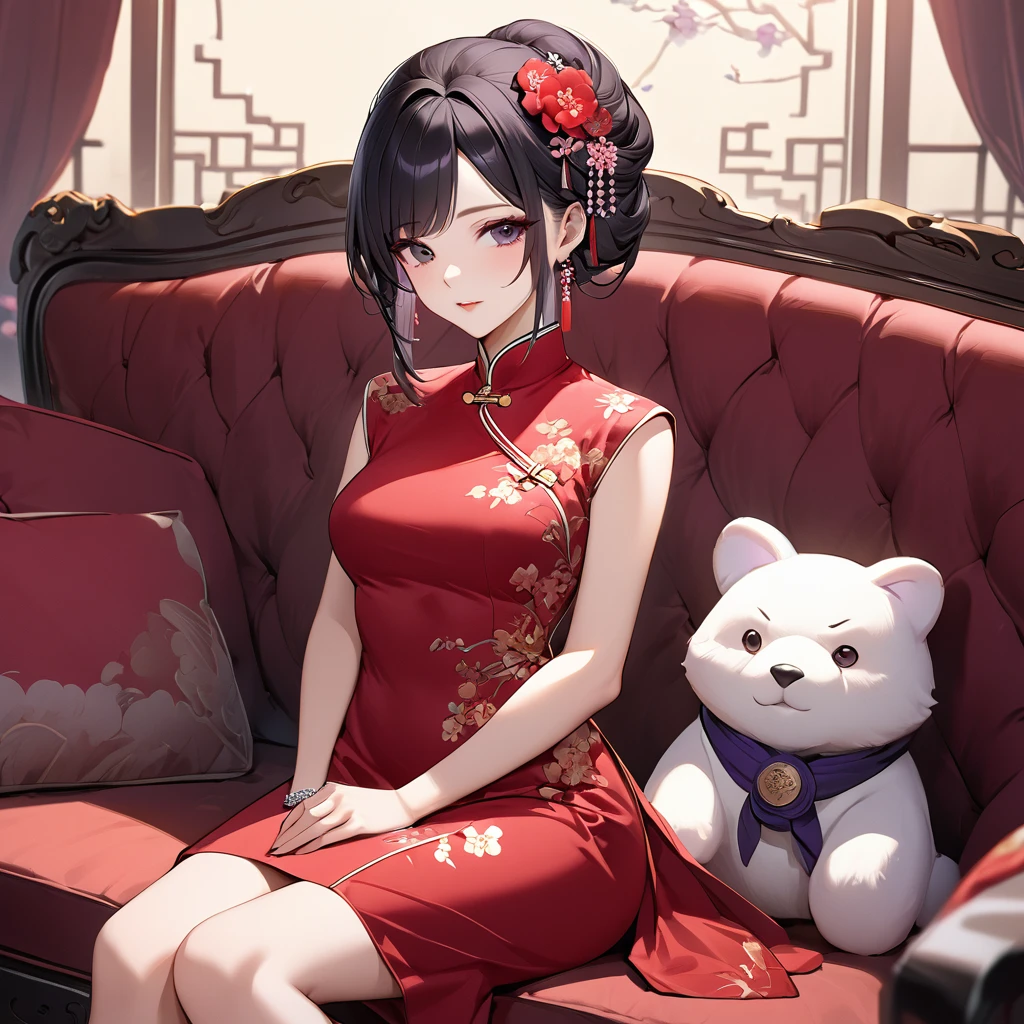 ((Highest quality)), ((masterpiece)), (detailed), （Perfect Face）、The woman is a Chinese woman named Kocho Shinobu.。, Purple gradient bob black hair and formal evening hairstyles. She is wearing an engagement ring. She is a prominent member of the Chinese Communist Party.、She is the wife of a great old Communist Party official.、The woman is beautifully dressed in a gorgeous red cheongsam, typical of the Chinese Communist Party.、A poised and elegant Chinese lady sitting on a plush sofa in a luxurious room