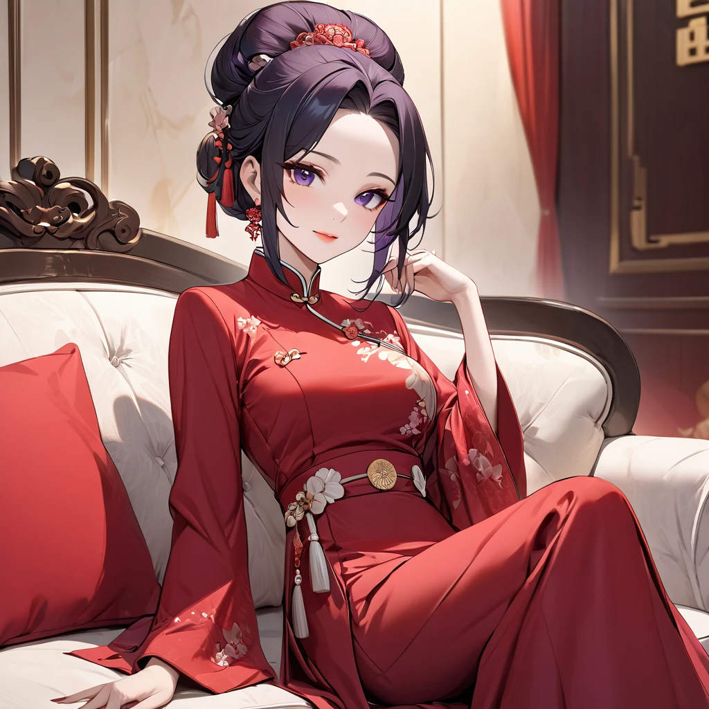 ((Highest quality)), ((masterpiece)), (detailed), (Perfect Face)、The woman is a Chinese woman named Kocho Shinobu.。, Purple gradient bob black hair and formal evening hairstyles. She is wearing an engagement ring. She is a prominent member of the Chinese Communist Party.、She is the wife of a great old Communist Party official.、The women are beautifully dressed in the gorgeous and glamorous red Mao suits typical of the Chinese Communist Party.、A poised and elegant Chinese lady sitting on a plush sofa in a luxurious room
