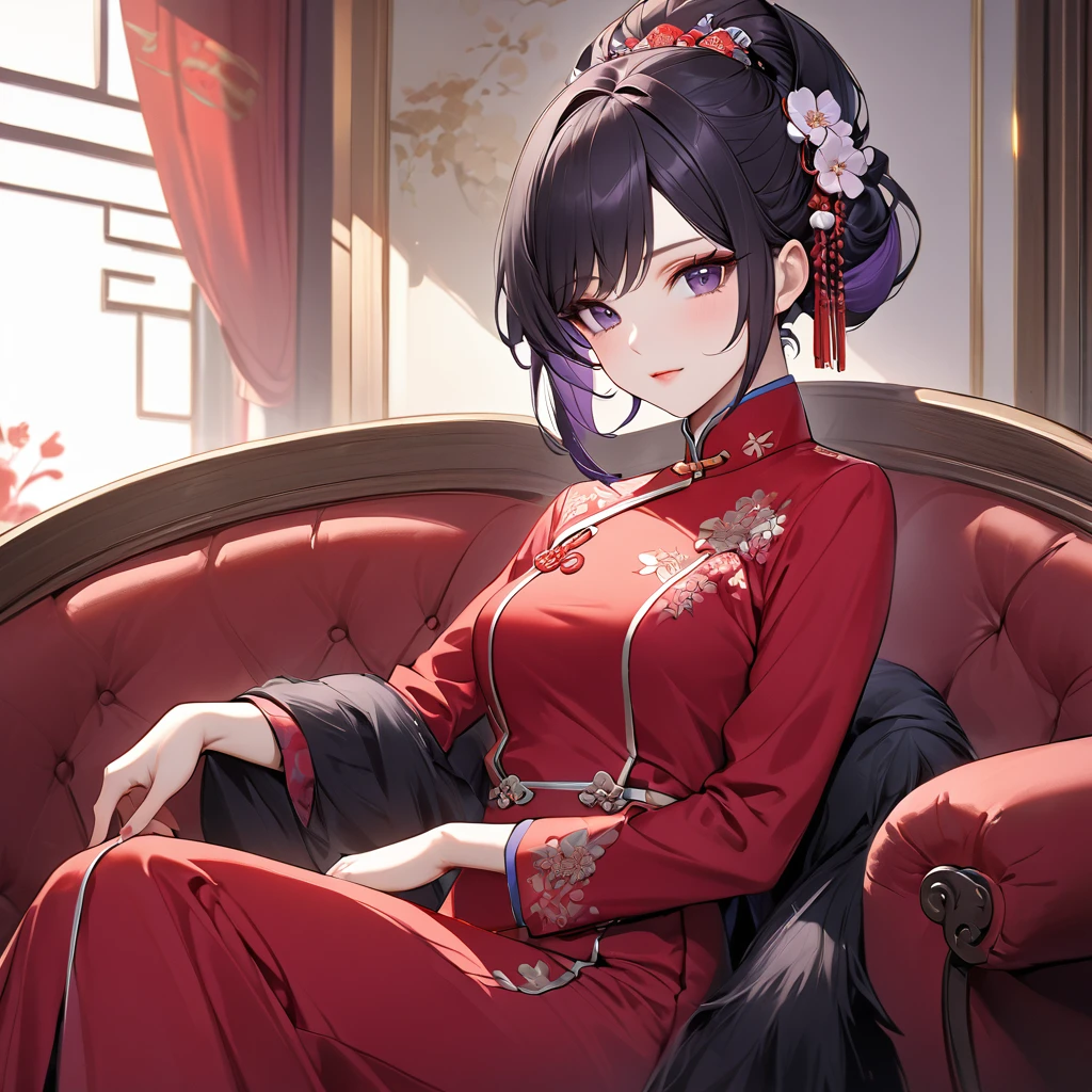 ((Highest quality)), ((masterpiece)), (detailed), （Perfect Face）、The woman is a Chinese woman named Kocho Shinobu.。, Purple gradient bob black hair and formal evening hairstyles. She is wearing an engagement ring. She is a prominent member of the Chinese Communist Party.、She is the wife of a great old Communist Party official.、The women are beautifully dressed in the gorgeous and glamorous red Mao suits typical of the Chinese Communist Party.、A poised and elegant Chinese lady sitting on a plush sofa in a luxurious room