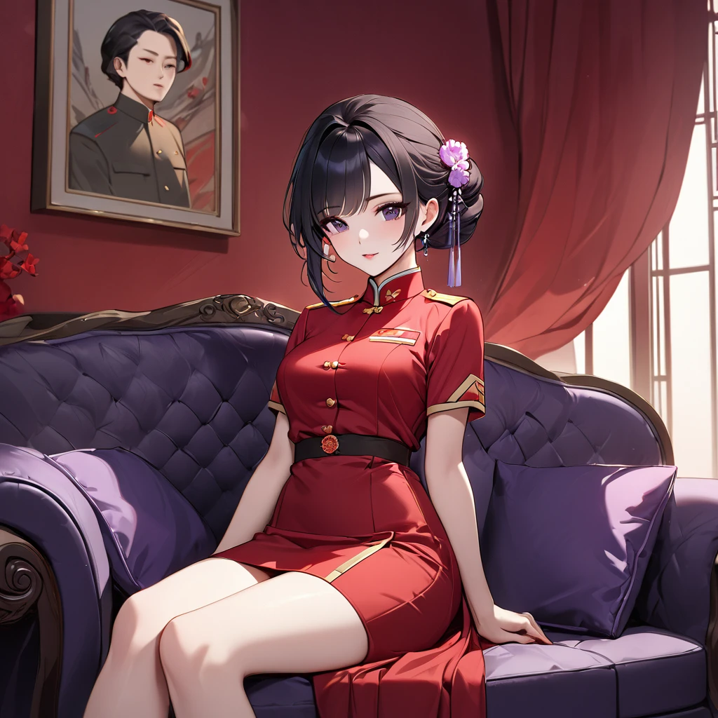 ((Highest quality)), ((masterpiece)), (detailed), (Perfect Face)、The woman is a Chinese woman named Kocho Shinobu.。, Purple gradient bob black hair and formal evening hairstyles. She is wearing an engagement ring. She is a prominent member of the Chinese Communist Party.、She is the wife of a great old Communist Party official.、The woman is beautifully dressed in the gorgeous and glamorous red Communist Party uniform that is typical of the Chinese Communist Party.、A poised and elegant Chinese lady sitting on a plush sofa in a luxurious room