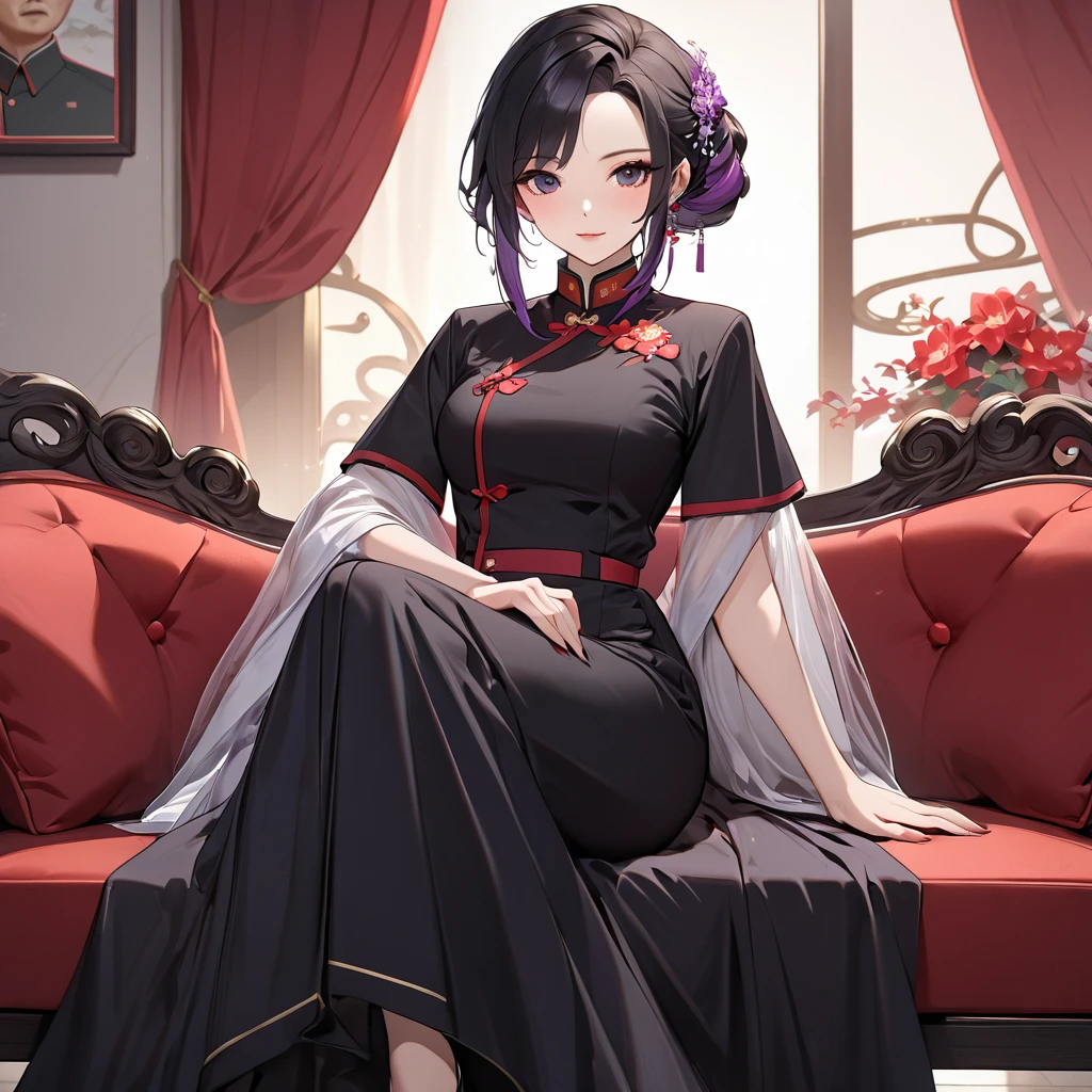 ((Highest quality)), ((masterpiece)), (detailed), （Perfect Face）、The woman is a Chinese woman named Kocho Shinobu.。, Purple gradient bob black hair and formal evening hairstyles. She is wearing an engagement ring. She is a prominent member of the Chinese Communist Party.、She is the wife of a great old Communist Party official.、The woman is beautifully dressed in the gorgeous and glamorous red Communist Party uniform that is typical of the Chinese Communist Party.、A poised and elegant Chinese lady sitting on a plush sofa in a luxurious room