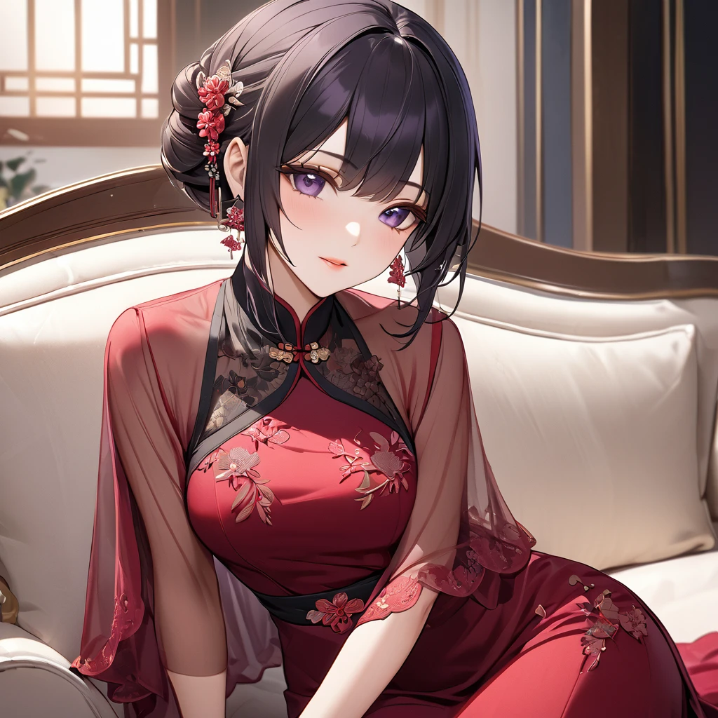 ((Highest quality)), ((masterpiece)), (detailed), （Perfect Face）、The woman is a Chinese woman named Kocho Shinobu.。, Purple gradient bob black hair and formal evening hairstyles. She is wearing an engagement ring. She is a prominent member of the Chinese Communist Party.、She is the wife of a great old Communist Party official.、The woman is beautifully dressed in a gorgeous, almost see-through red dress and a see-through red veil.、A poised and elegant Chinese lady sitting on a plush sofa in a luxurious room
