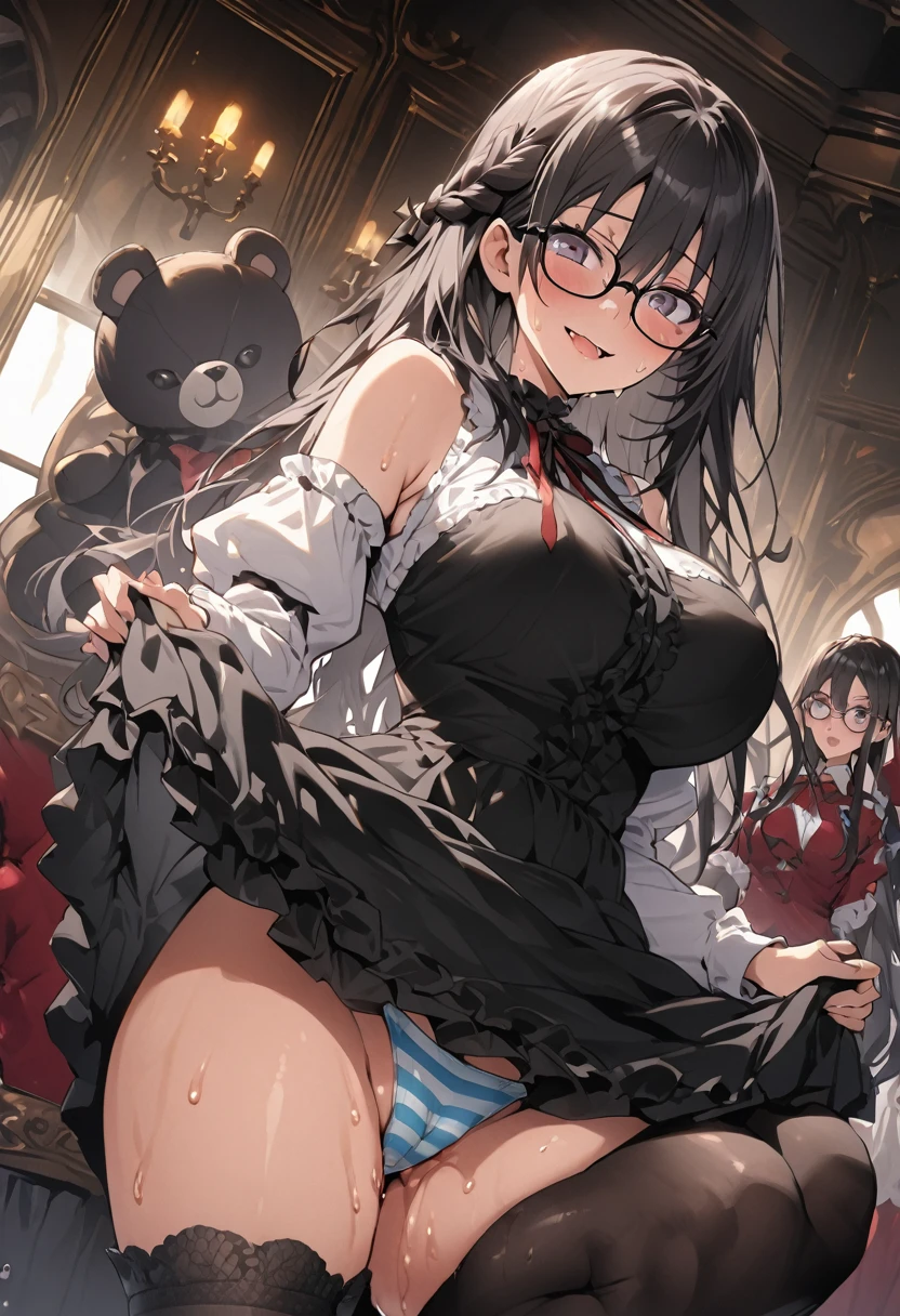 Ultra-high definition image quality、beautiful girl、high school girl、One Man、18-year-old、Braid、Glasses girl、 Black Pantyhose、Devilish smile、hugging a teddy bear、Frill dress、Black Hair、Big ribbon、Gothic ta Room、a large number of stuffed animals、Highest quality, Big Ass、Large Breasts 、Thick thighs、Squat with your legs apart、Striped panties、Sweaty buttocks、Sweaty buttocks、Reaching orgasm、Sweaty crotch、Angle from directly below、Obscene hip swing、Lift up your skirt、Sexy clothes