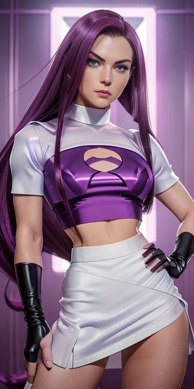 Jessie pokemon, ((seductive expression)), slicked back hair, Long hair, purple hair, blue eyes, Team Rocket, ((7000% transparent silk Team Rocket Uniform)), ((((10% white miniskirt, 5% Crop Top)))), thighs high,elbow gloves, NSFW, ((60% nude))