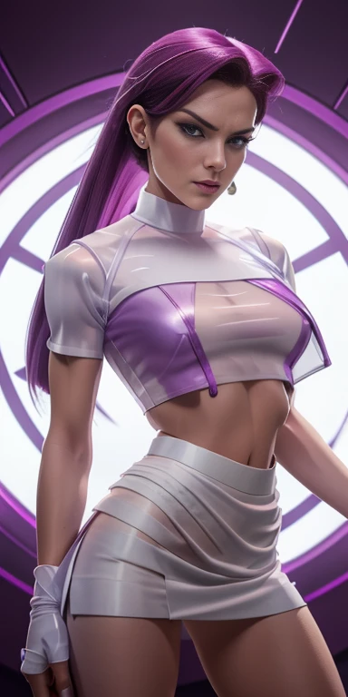 Jessie pokemon, ((seductive expression)), slicked back hair, Long hair, purple hair, blue eyes, Team Rocket, ((7000% transparent silk Team Rocket Uniform)), ((((10% white miniskirt, 5% Crop Top)))), thighs high,elbow gloves, NSFW, ((60% nude))