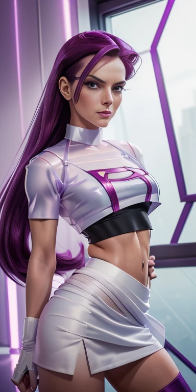 Jessie pokemon, ((seductive expression)), slicked back hair, Long hair, purple hair, blue eyes, Team Rocket, ((7000% transparent silk Team Rocket Uniform)), ((((10% white miniskirt, 5% Crop Top)))), thighs high,elbow gloves, NSFW, ((60% ))