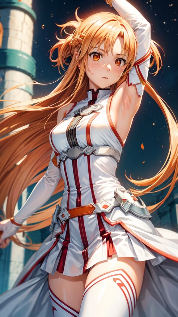 masterpiece, Highest quality, One girl, Has long orange hair and orange eyes、Anime girl in white armor and white pants, Yuuki Asuna from sword art online, Yuuki Asuna, Show both armpits, Armpit details, Detailed face, Detailed eyes