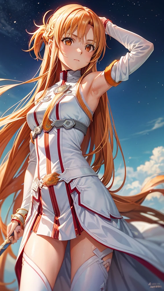 masterpiece, Highest quality, One girl, Has long orange hair and orange eyes、Anime girl in white armor and white pants, Yuuki Asuna from sword art online, Yuuki Asuna, Show both armpits, Armpit details, Detailed face, Detailed eyes